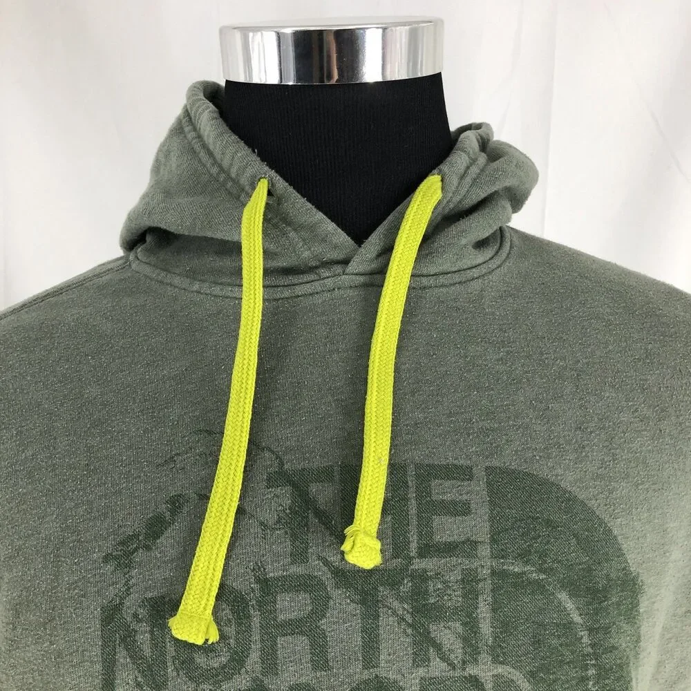 The North Face Logo Graphic Print Fleece Pullover Hoodie Green Cotton Blend M